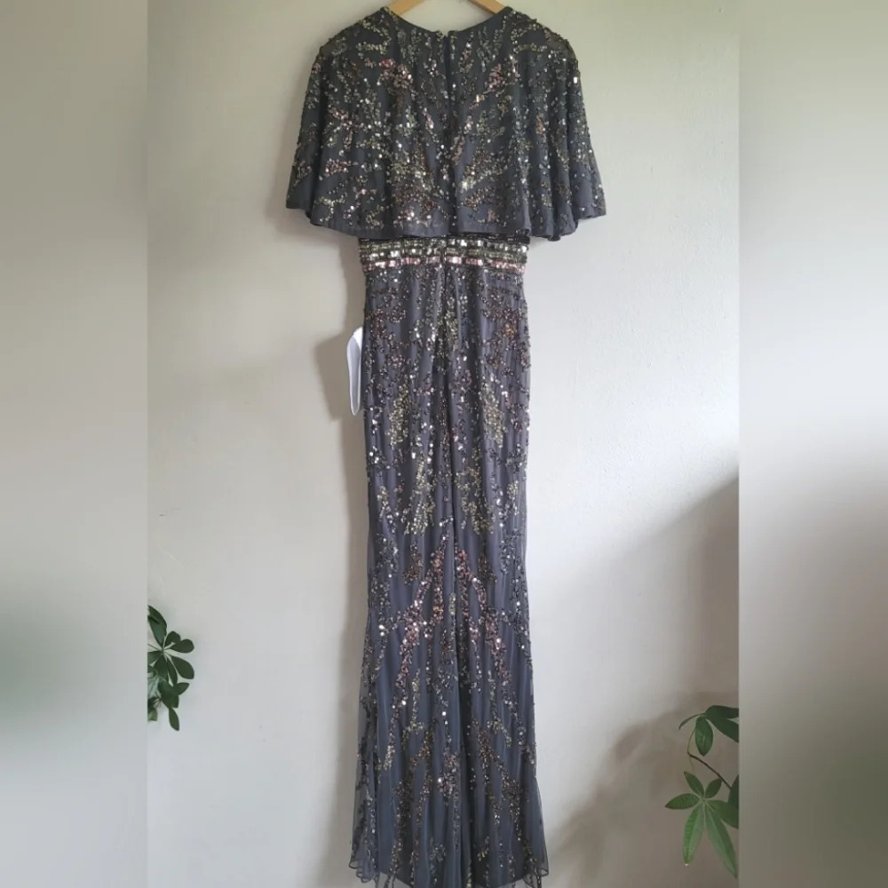 Mac Duggal, Cape Sleeve Embellished Evening Gown,‎ Charcoal, Size 4, NWT - Picture 5 of 15
